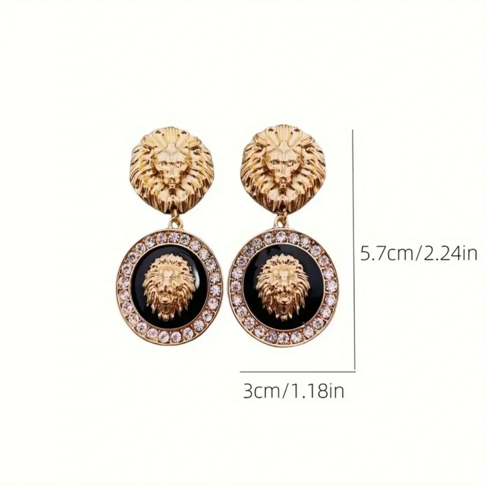 4FJ: Vintage Style Pink & Golden Lion Head Drop Dangle Zinc Alloy Earrings, NIP - Picture 6 of 6
